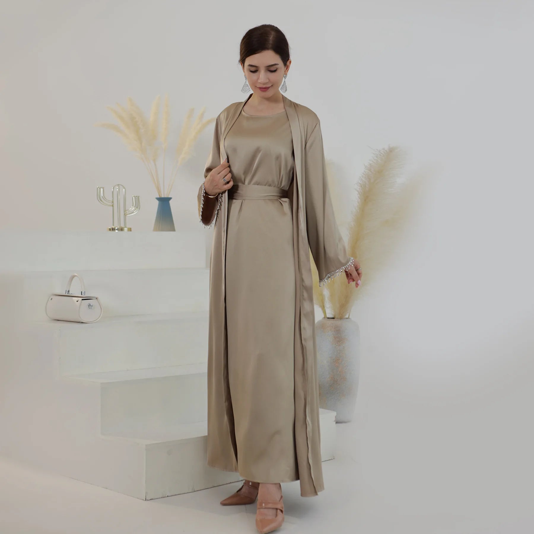 Elegant Nida Black Abaya with Crystal Chain Set